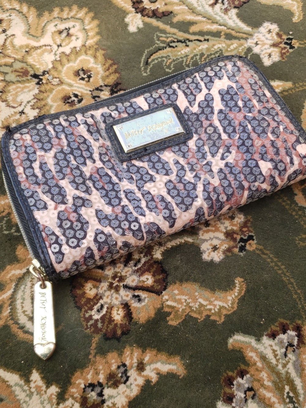 Vtg Betsey Johnson Y2K Leopard Sequin Zip Around Wallet Black Patent Trim Rare